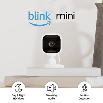 Blink Mini – Compact indoor plug-in smart security camera, 1080p HD video, night vision, motion detection, two-way audio, easy set up, Works with Alexa – 2 cameras (White)